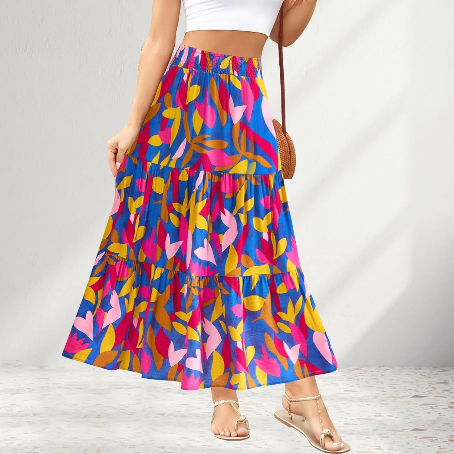 Women's Floral Print Midi Maxi Skirts Summer Elastic High Waist Pleated Aline Flowy Boho Long Skirt with Pockets