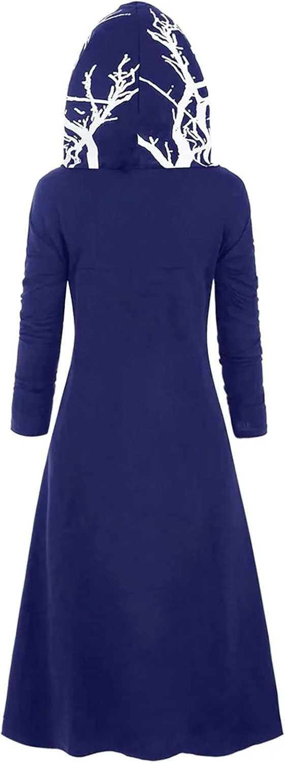 Womens Hoodies Cloak Halloween Vintage Printed Punk Style Long Sleeve Plus Size Hooded Blouse Midi Shirts Dress