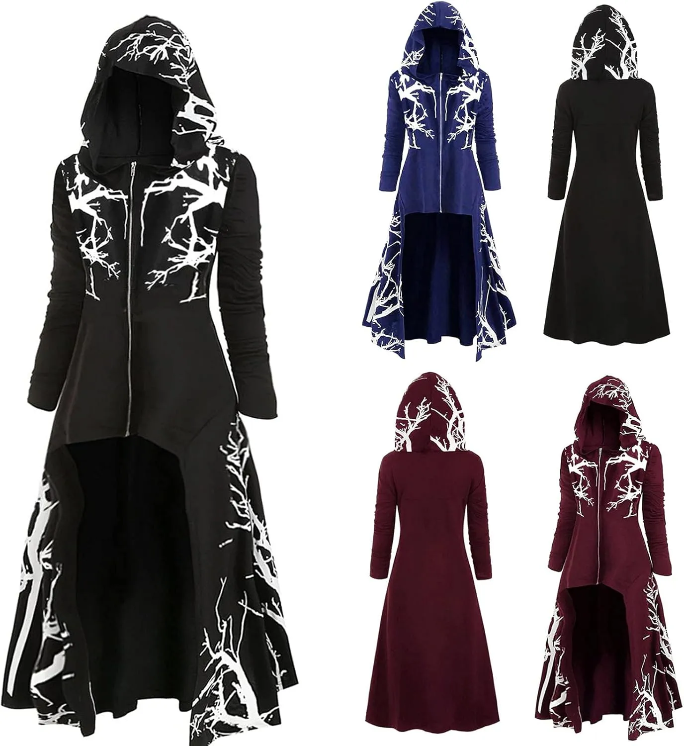 Womens Hoodies Cloak Halloween Vintage Printed Punk Style Long Sleeve Plus Size Hooded Blouse Midi Shirts Dress