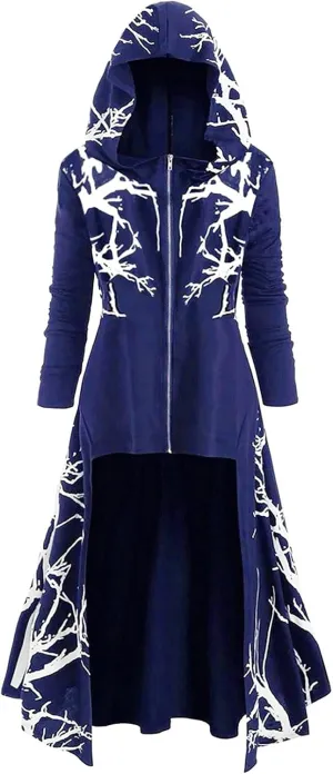 Womens Hoodies Cloak Halloween Vintage Printed Punk Style Long Sleeve Plus Size Hooded Blouse Midi Shirts Dress