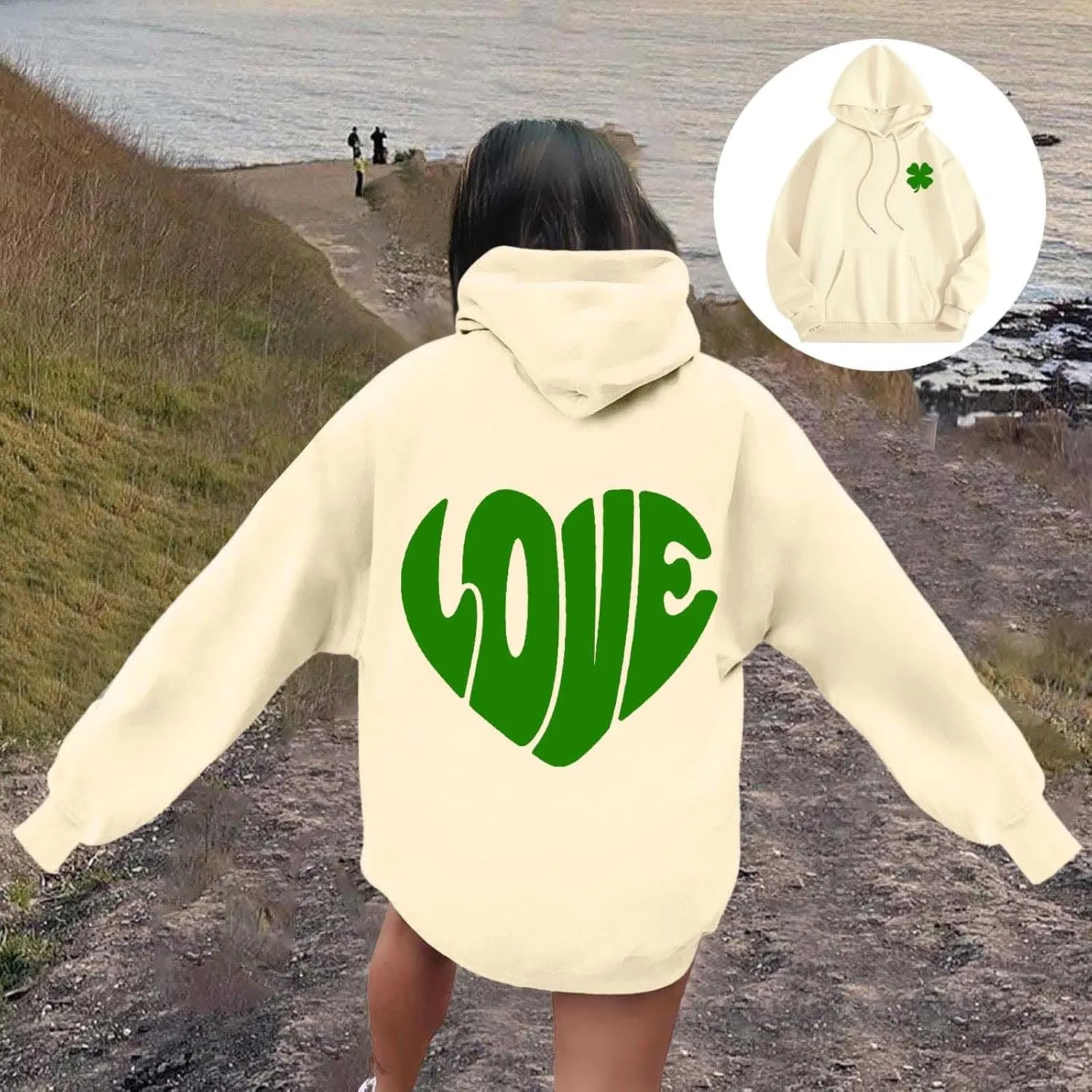 Women's Hoodies Heart Print Graphic Long Sleeve Oversized Sweatshirts Drawstring Pullover Top with Pockets