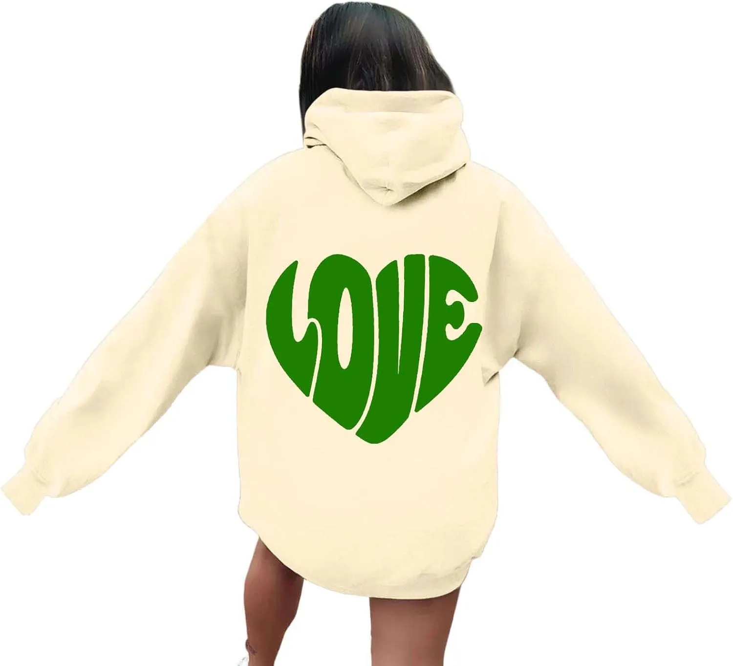 Women's Hoodies Heart Print Graphic Long Sleeve Oversized Sweatshirts Drawstring Pullover Top with Pockets