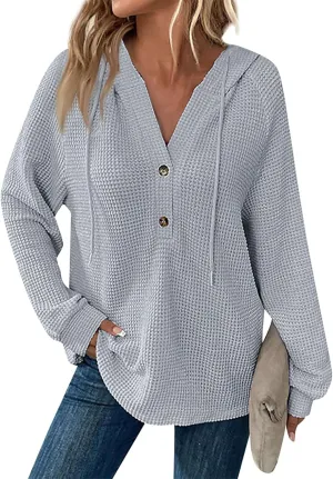 Womens Hoodies Waffle Knit Drawstring Button V Neck Long Sleeve Casual Pullover Sweatshirt Hooded Tops