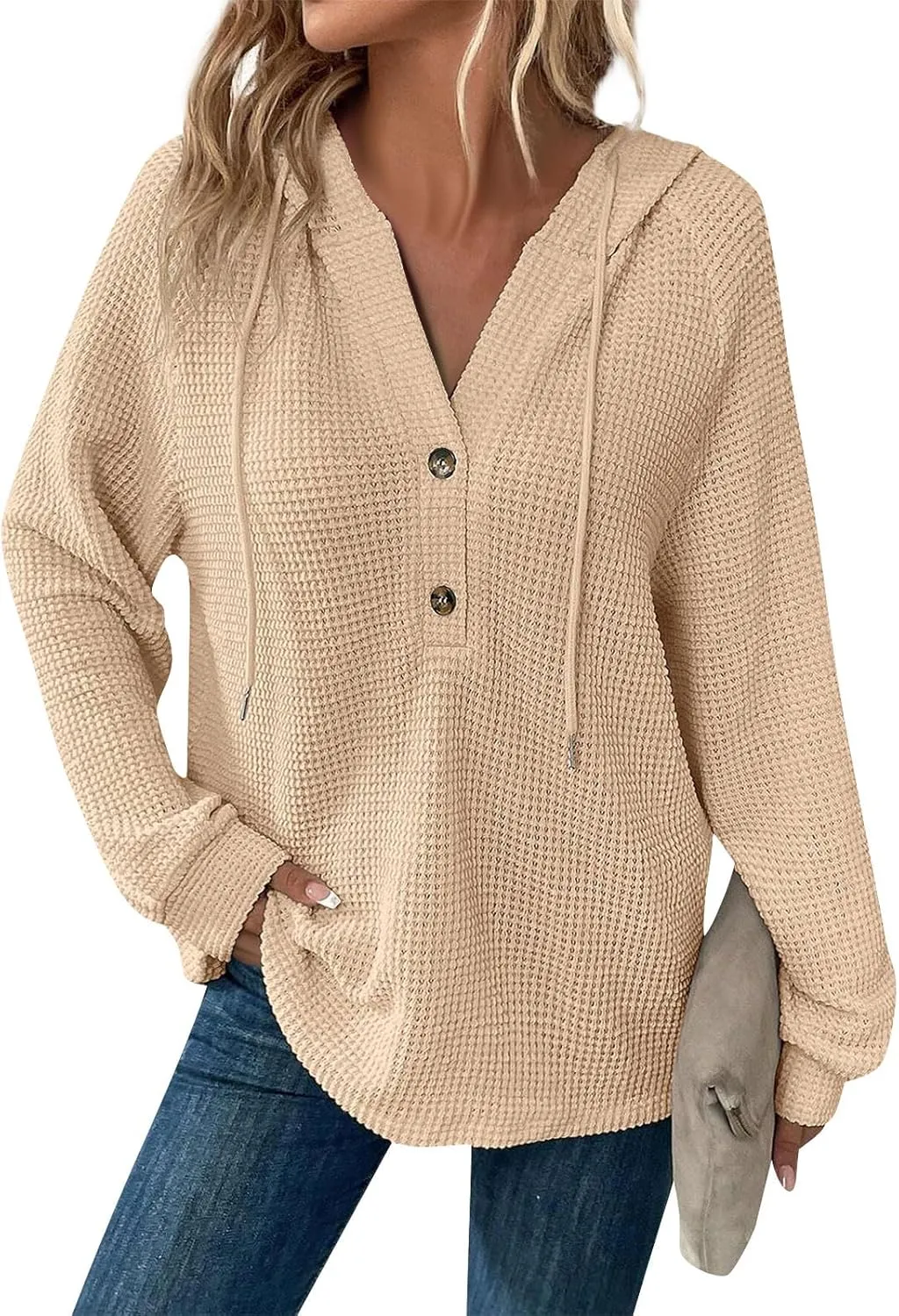 Womens Hoodies Waffle Knit Drawstring Button V Neck Long Sleeve Casual Pullover Sweatshirt Hooded Tops