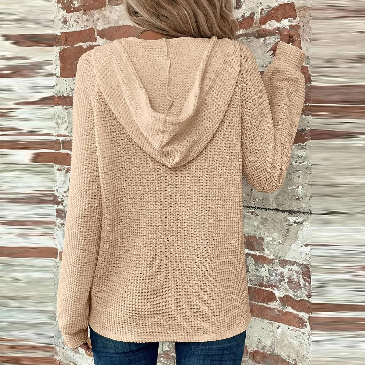 Womens Hoodies Waffle Knit Drawstring Button V Neck Long Sleeve Casual Pullover Sweatshirt Hooded Tops