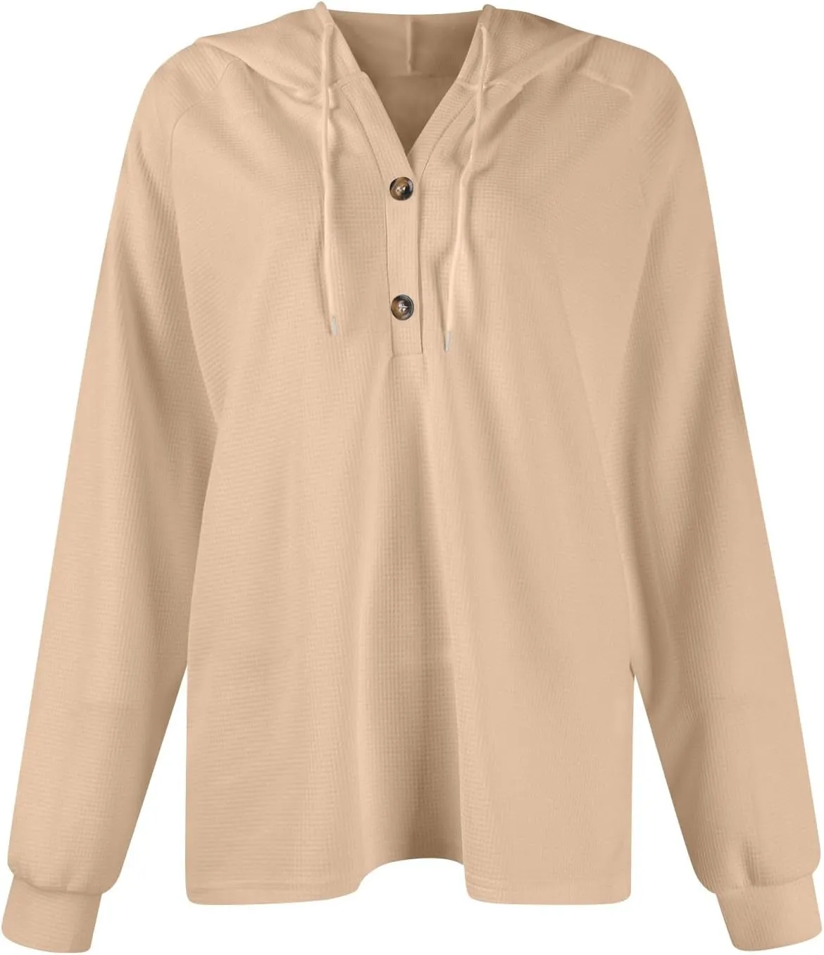 Womens Hoodies Waffle Knit Drawstring Button V Neck Long Sleeve Casual Pullover Sweatshirt Hooded Tops