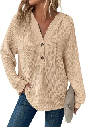 Womens Hoodies Waffle Knit Drawstring Button V Neck Long Sleeve Casual Pullover Sweatshirt Hooded Tops
