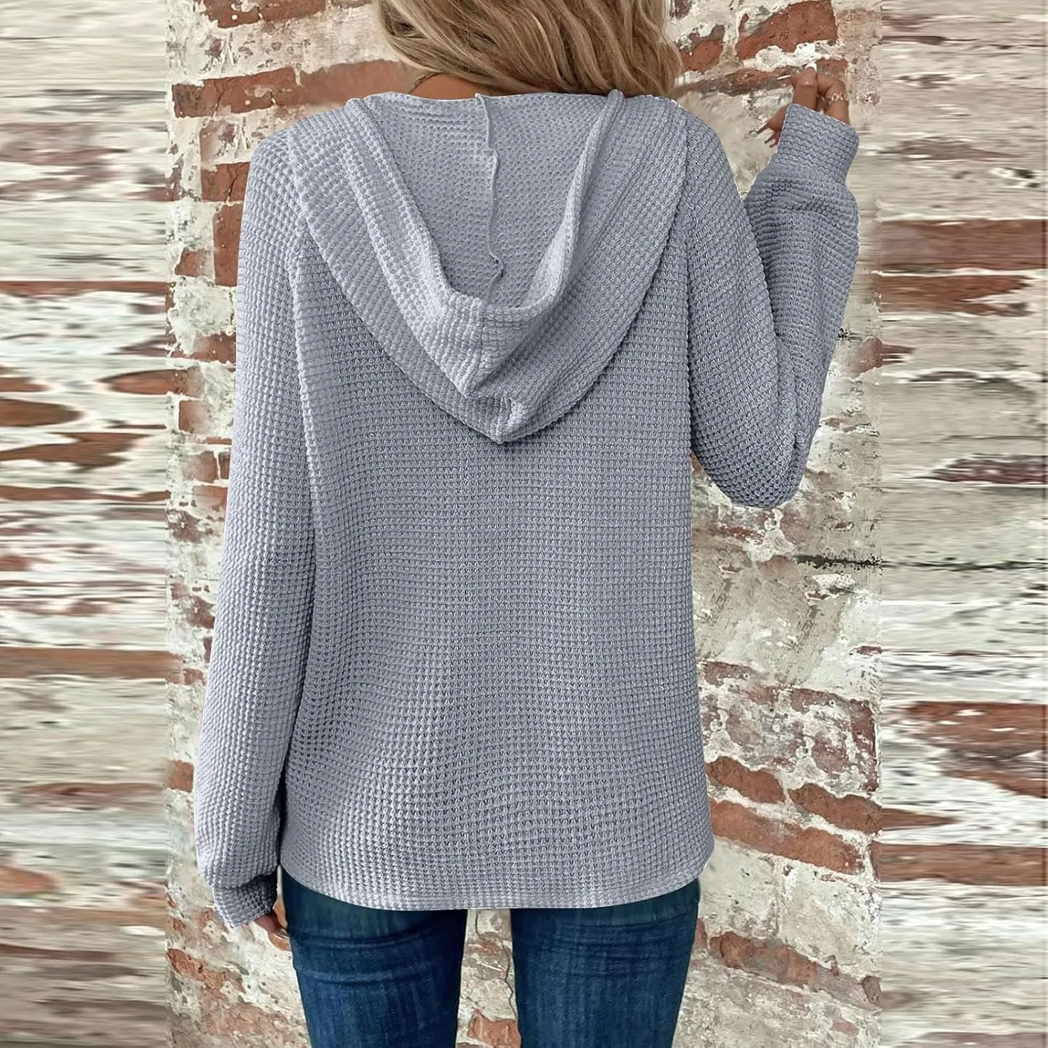 Womens Hoodies Waffle Knit Drawstring Button V Neck Long Sleeve Casual Pullover Sweatshirt Hooded Tops
