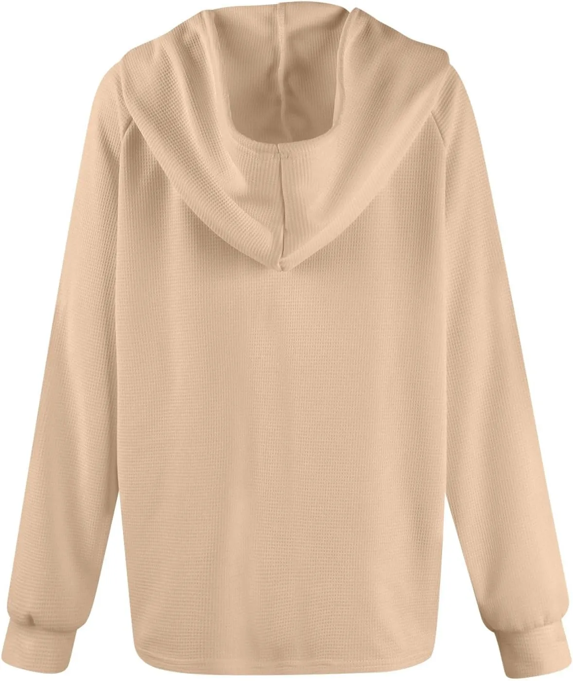 Womens Hoodies Waffle Knit Drawstring Button V Neck Long Sleeve Casual Pullover Sweatshirt Hooded Tops