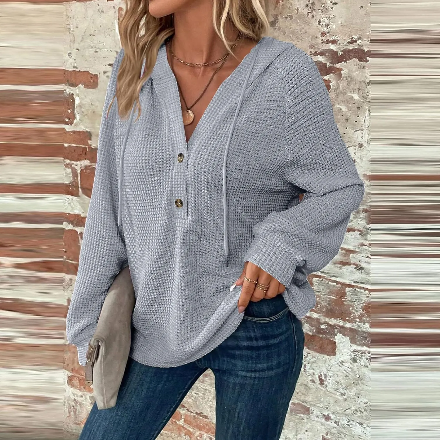 Womens Hoodies Waffle Knit Drawstring Button V Neck Long Sleeve Casual Pullover Sweatshirt Hooded Tops