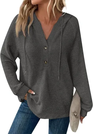 Womens Hoodies Waffle Knit Drawstring Button V Neck Long Sleeve Casual Pullover Sweatshirt Hooded Tops