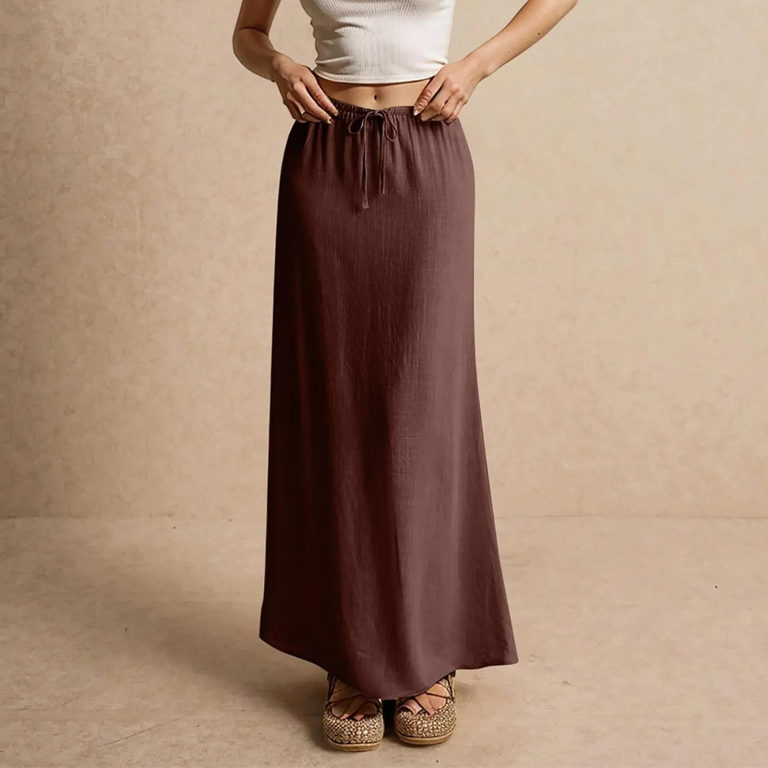 Womens Linen Maxi Skirt Drawstring Low Rise Long Skirts, Solid A-Line Casual Loose Flowy Long Beach Skirt