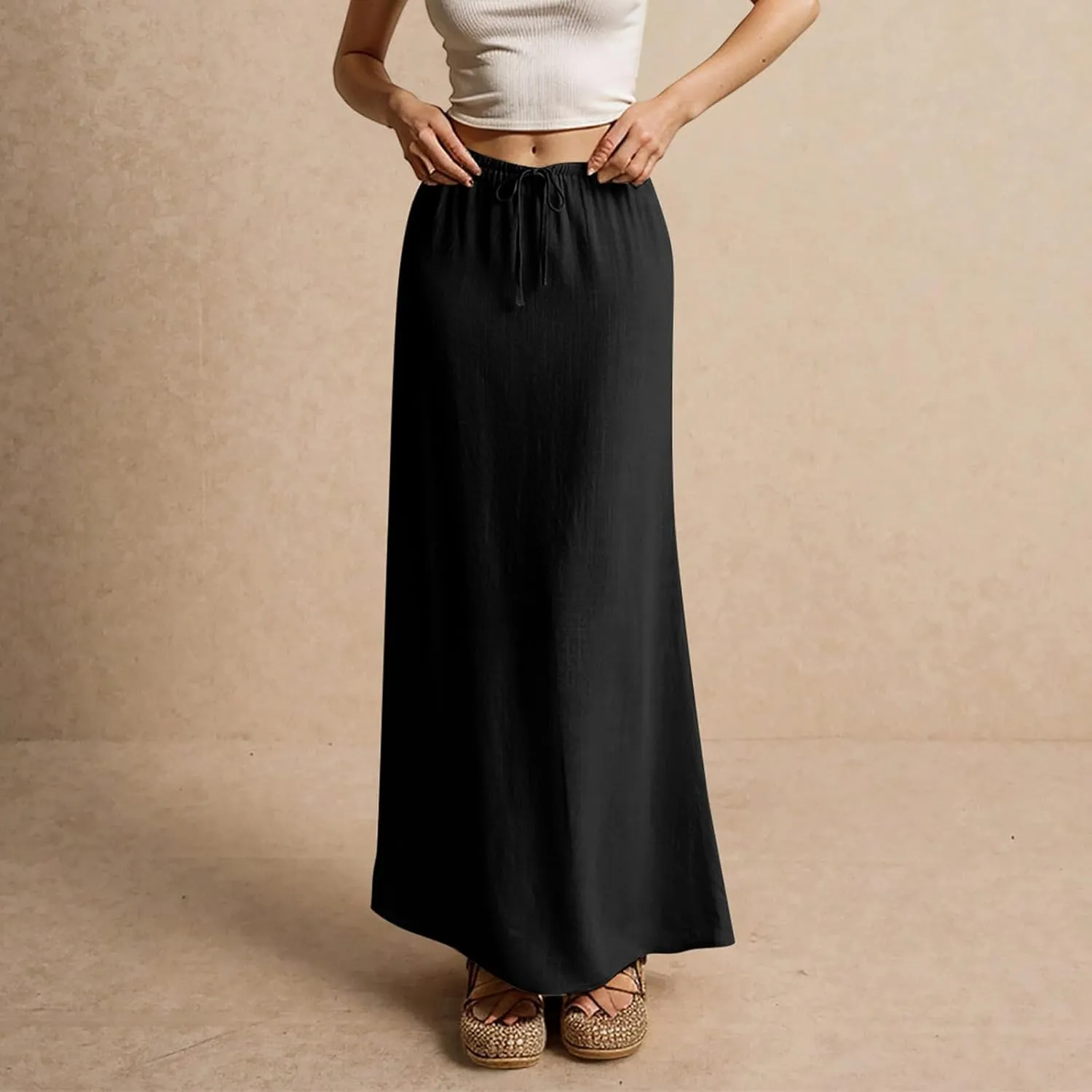 Womens Linen Maxi Skirt Drawstring Low Rise Long Skirts, Solid A-Line Casual Loose Flowy Long Beach Skirt