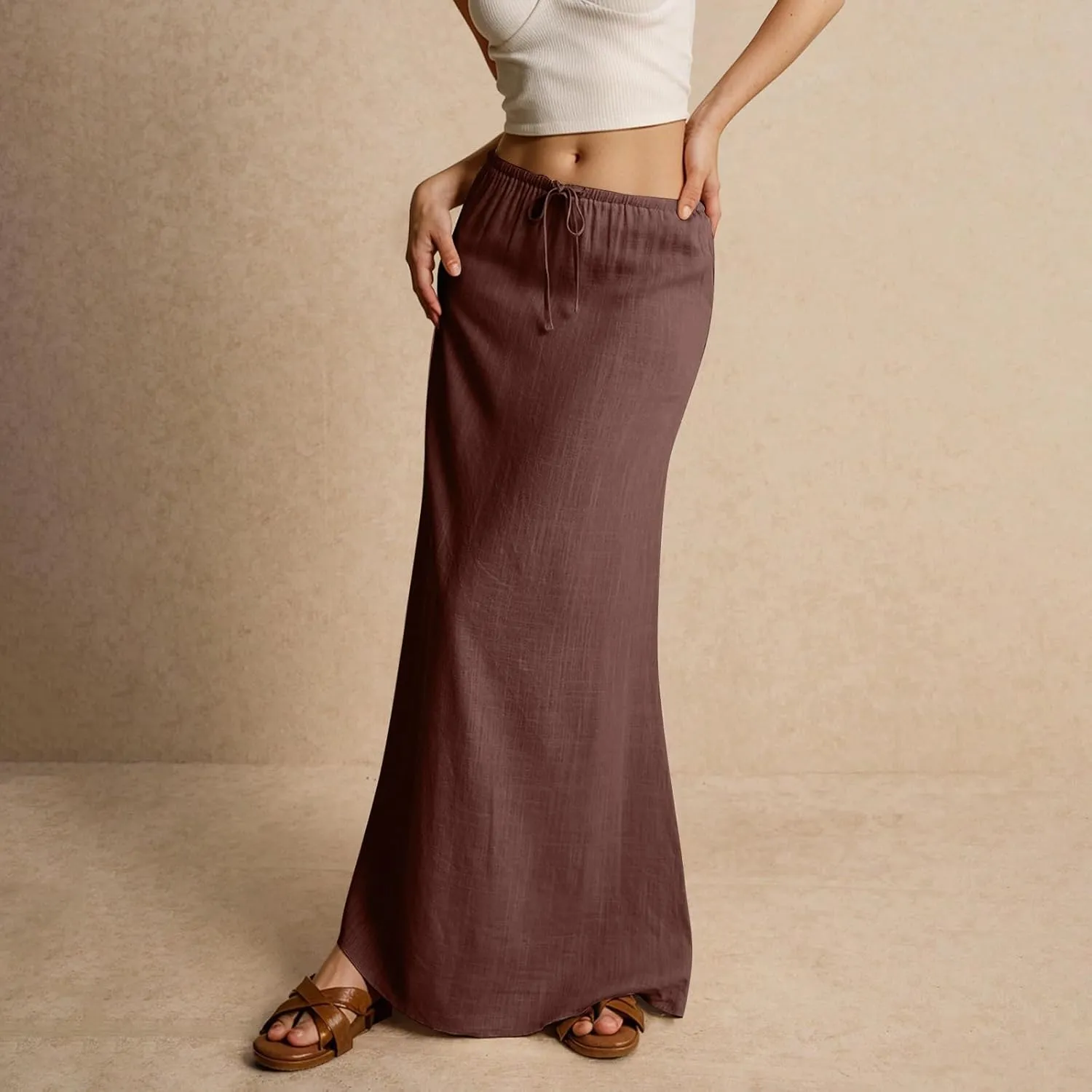 Womens Linen Maxi Skirt Drawstring Low Rise Long Skirts, Solid A-Line Casual Loose Flowy Long Beach Skirt