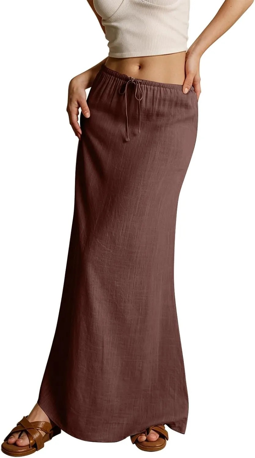 Womens Linen Maxi Skirt Drawstring Low Rise Long Skirts, Solid A-Line Casual Loose Flowy Long Beach Skirt
