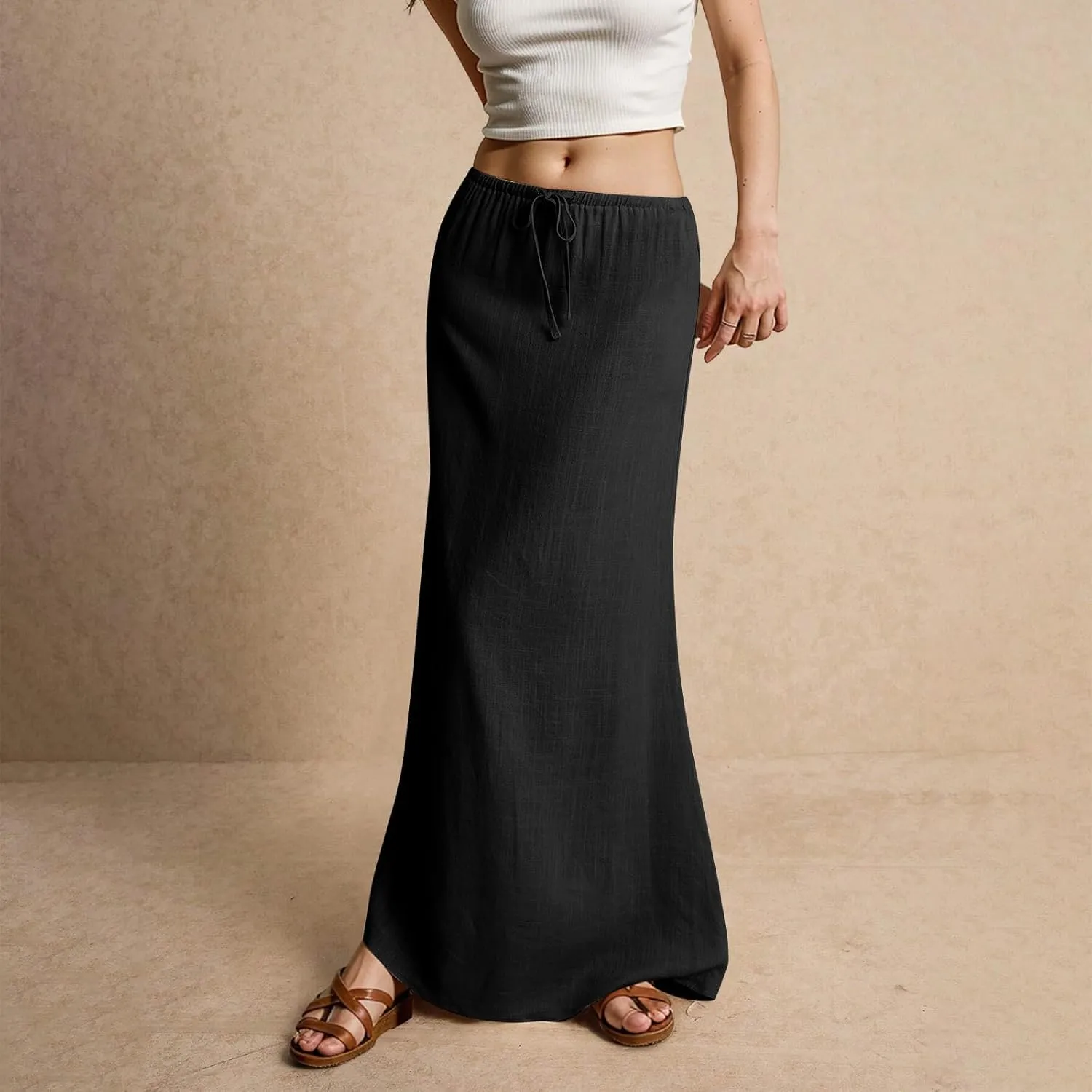Womens Linen Maxi Skirt Drawstring Low Rise Long Skirts, Solid A-Line Casual Loose Flowy Long Beach Skirt