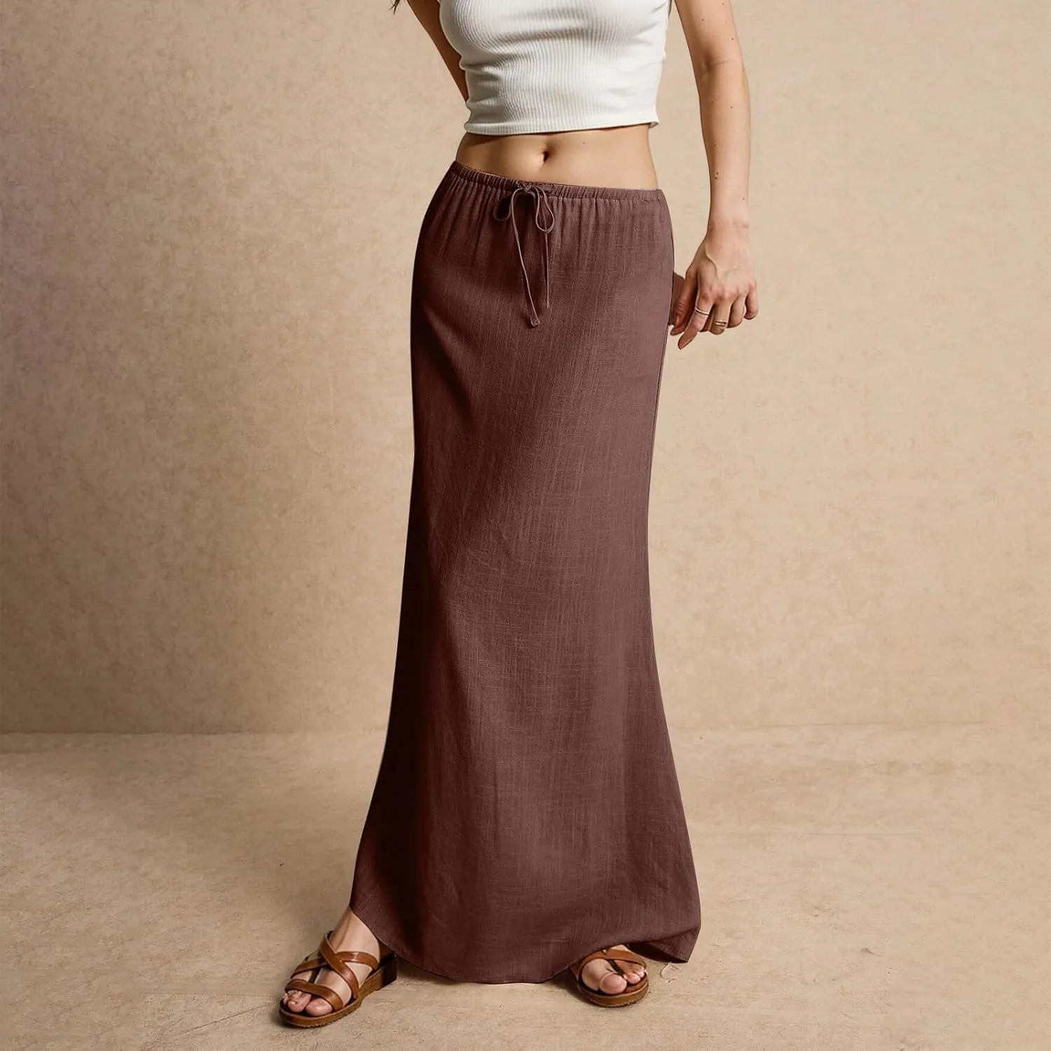Womens Linen Maxi Skirt Drawstring Low Rise Long Skirts, Solid A-Line Casual Loose Flowy Long Beach Skirt