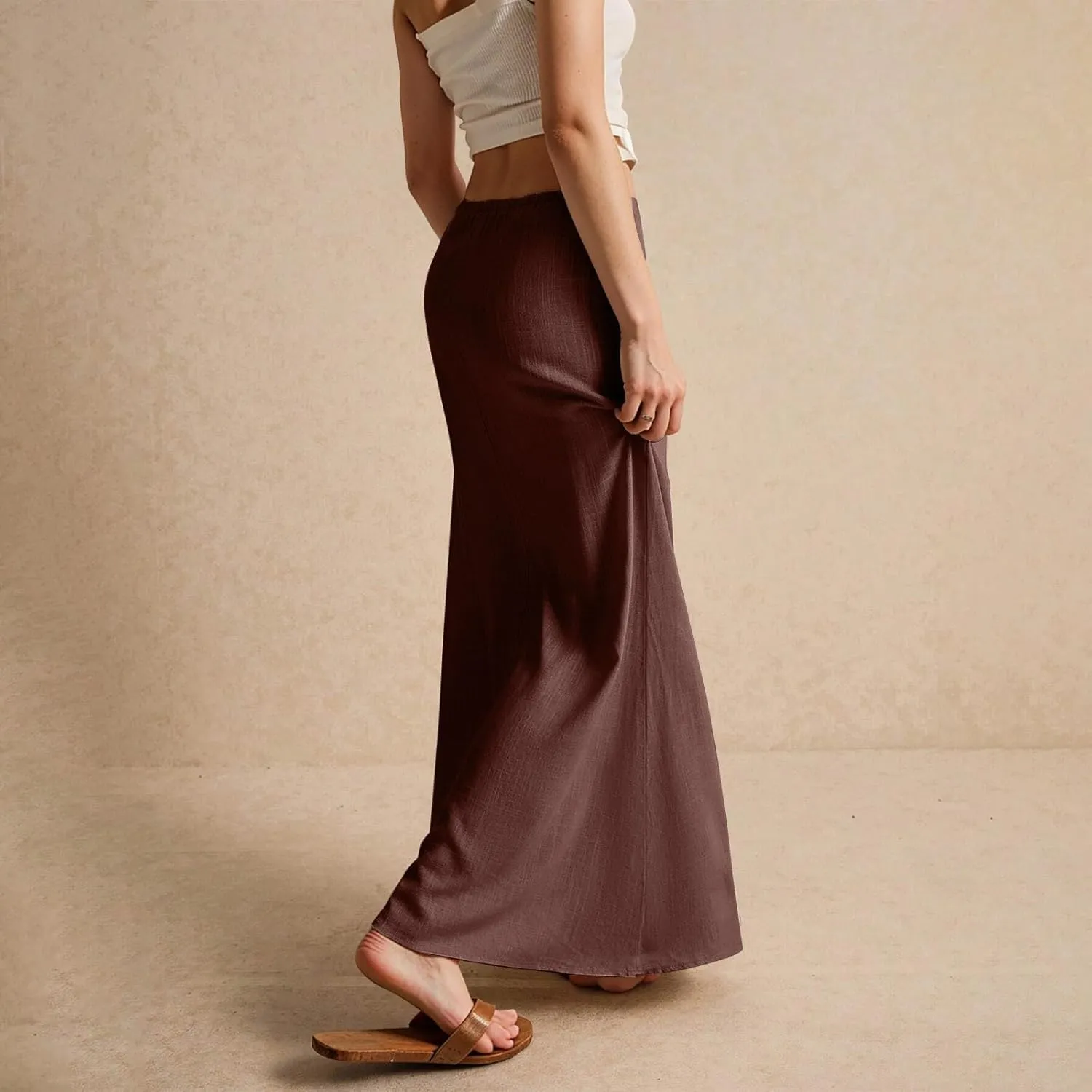 Womens Linen Maxi Skirt Drawstring Low Rise Long Skirts, Solid A-Line Casual Loose Flowy Long Beach Skirt