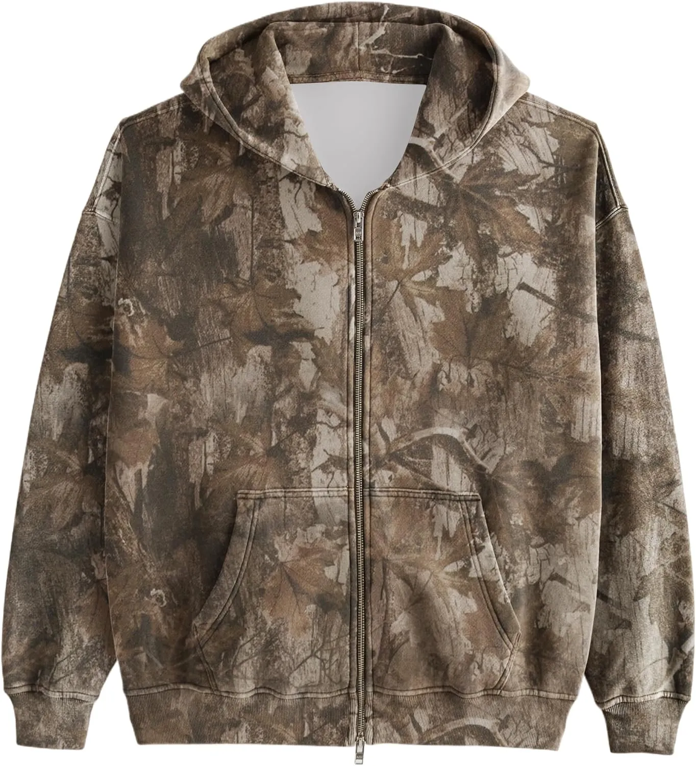 Womens Mens Camo Zip Up Hoodie Maple Leaf Print Oversized Hooded Sweatshirt Fleece Long Sleeve Jacket