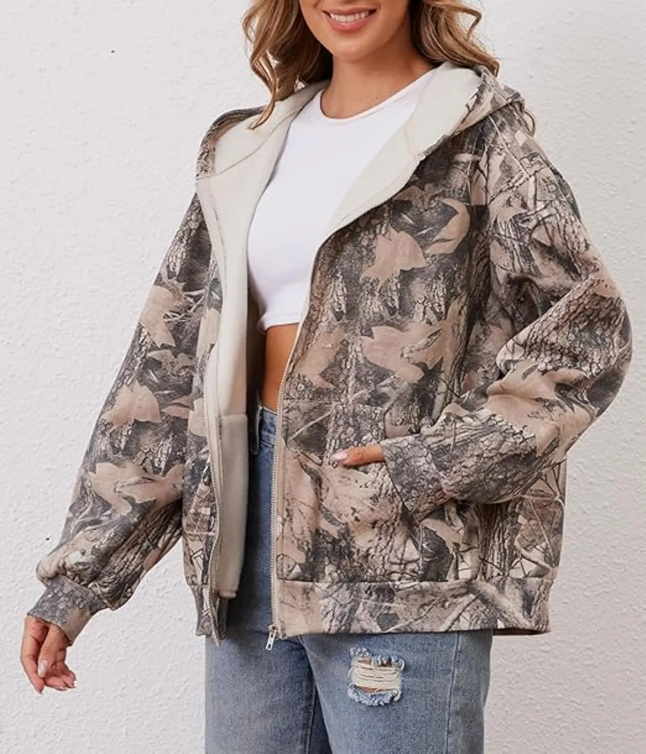 Womens Mens Camo Zip Up Hoodie Maple Leaf Print Oversized Hooded Sweatshirt Fleece Long Sleeve Jacket