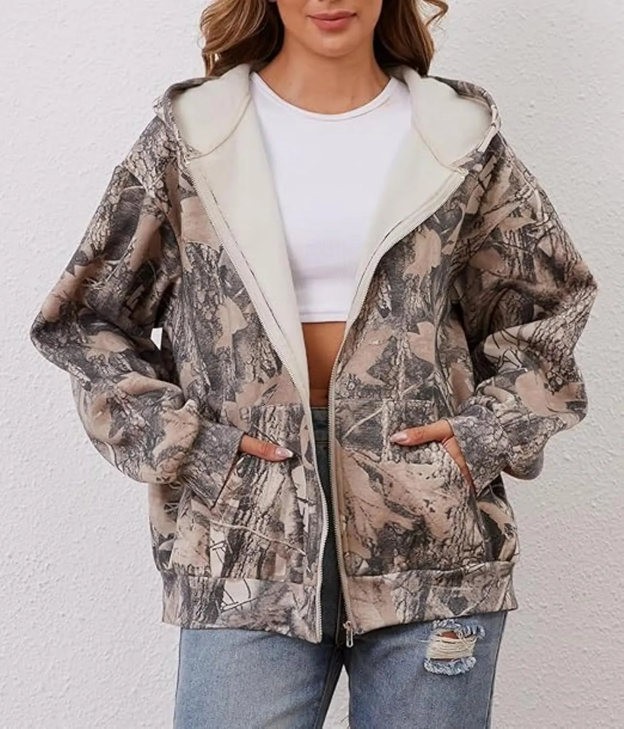 Womens Mens Camo Zip Up Hoodie Maple Leaf Print Oversized Hooded Sweatshirt Fleece Long Sleeve Jacket