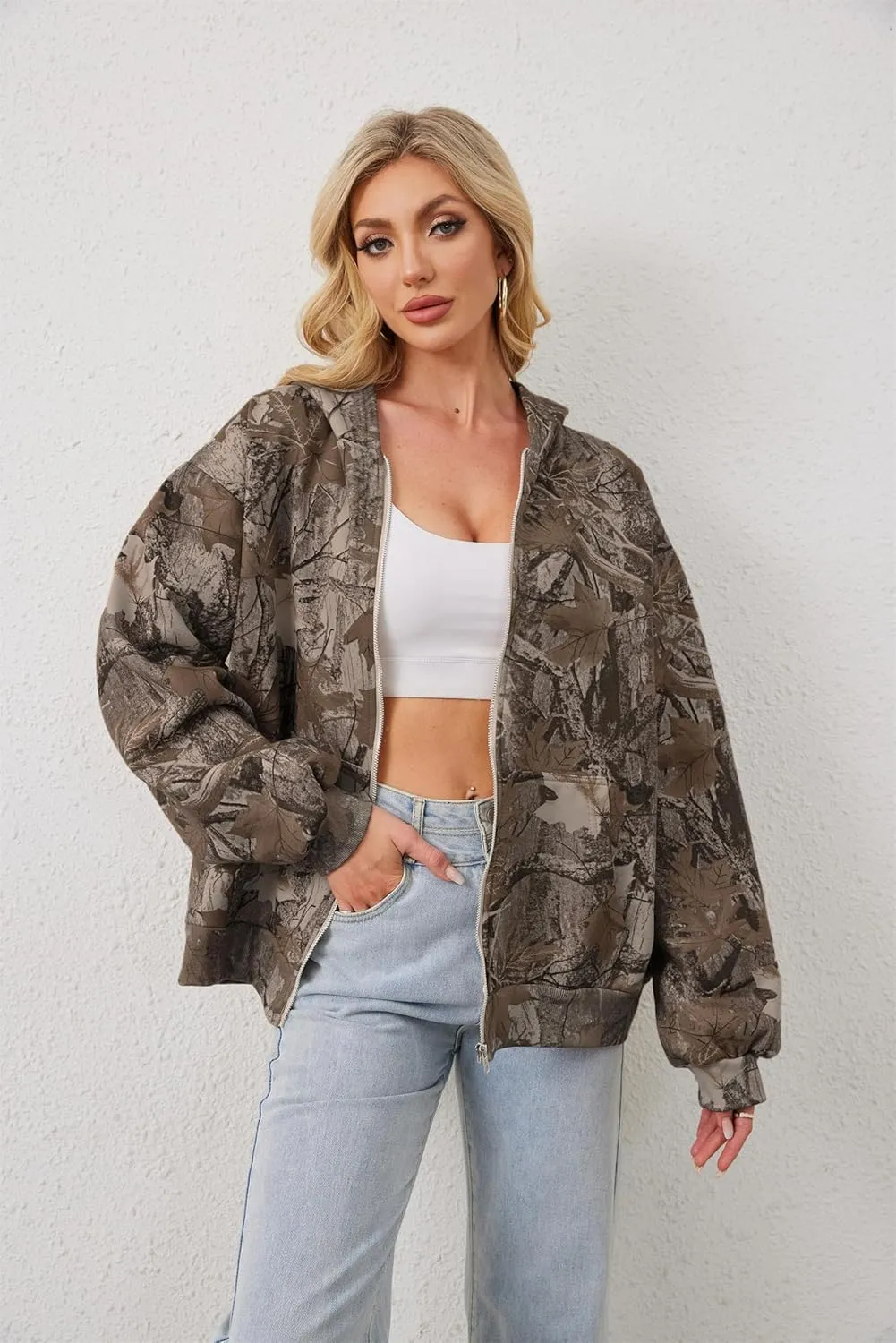 Womens Mens Camo Zip Up Hoodie Maple Leaf Print Oversized Hooded Sweatshirt Fleece Long Sleeve Jacket