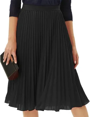Womens Midi Pleated Chiffon Skirts Casual Elastic High Waist Flowy Swing Knee Length A Line Skirt