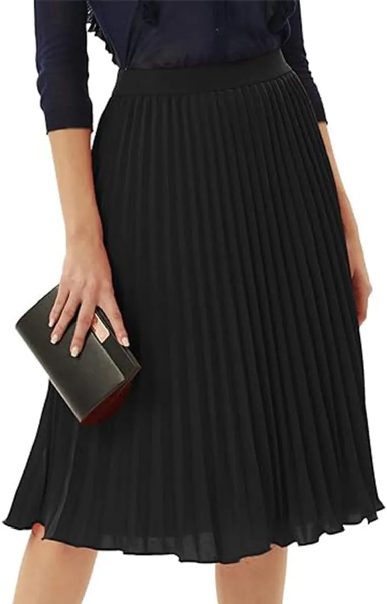 Womens Midi Pleated Chiffon Skirts Casual Elastic High Waist Flowy Swing Knee Length A Line Skirt