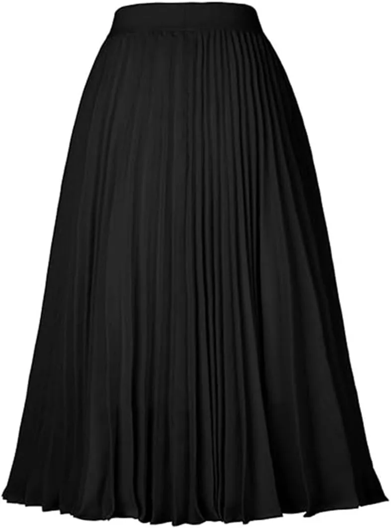 Womens Midi Pleated Chiffon Skirts Casual Elastic High Waist Flowy Swing Knee Length A Line Skirt
