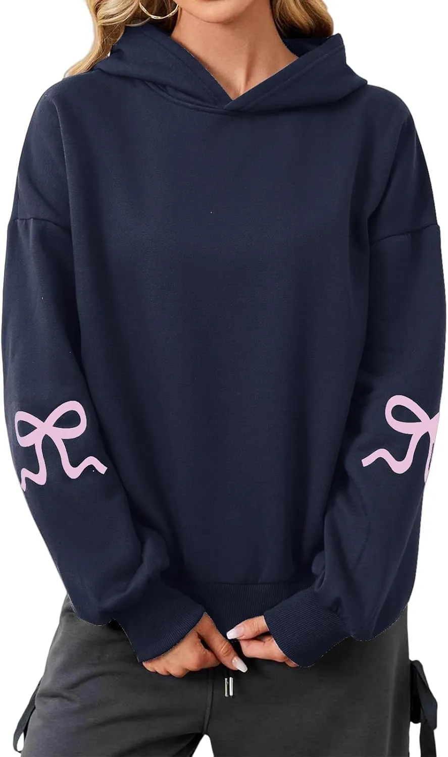 Women's Oversized Hoodies Bow Trim Print Fleeced Hooded Sweatshirts Oversized Long Sleeve Drop Shoulder Pullover Top