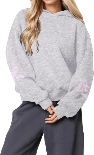 Women's Oversized Hoodies Bow Trim Print Fleeced Hooded Sweatshirts Oversized Long Sleeve Drop Shoulder Pullover Top
