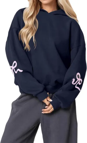Women's Oversized Hoodies Bow Trim Print Fleeced Hooded Sweatshirts Oversized Long Sleeve Drop Shoulder Pullover Top