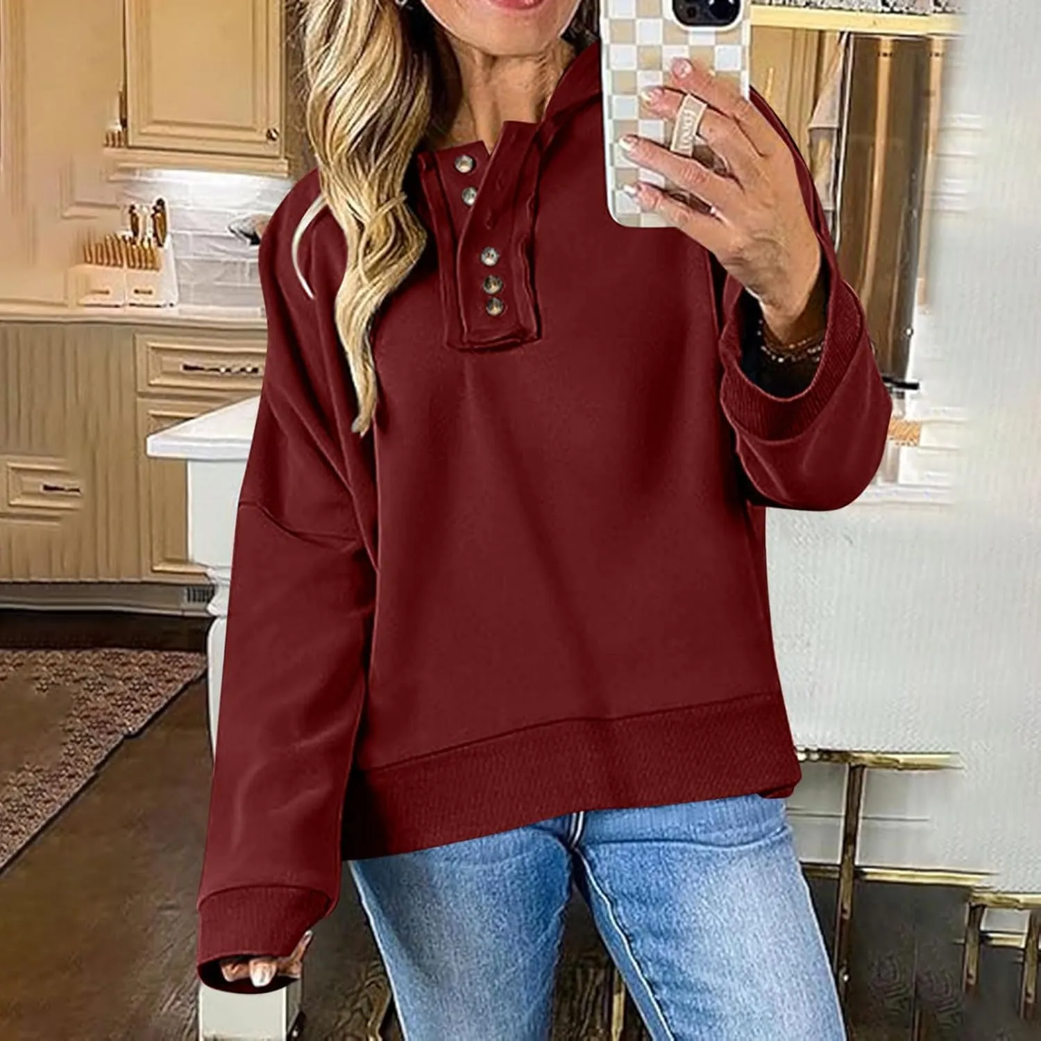 Womens Oversized Hoodies Trendy Loose Button v Neck Hooded Pullover Sweatshirt Fall Outfits 2024 Preppy Clothes