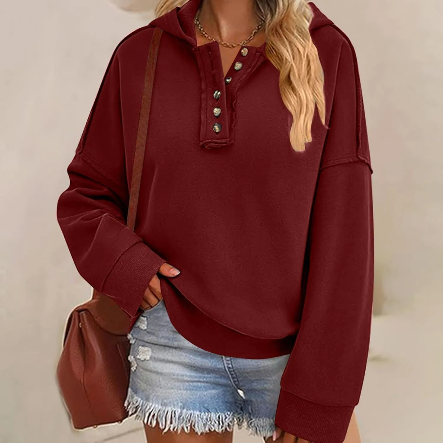 Womens Oversized Hoodies Trendy Loose Button v Neck Hooded Pullover Sweatshirt Fall Outfits 2024 Preppy Clothes