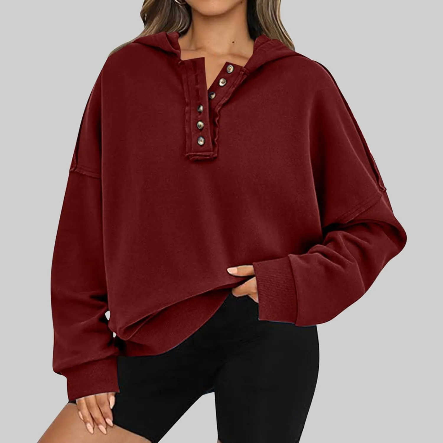 Womens Oversized Hoodies Trendy Loose Button v Neck Hooded Pullover Sweatshirt Fall Outfits 2024 Preppy Clothes