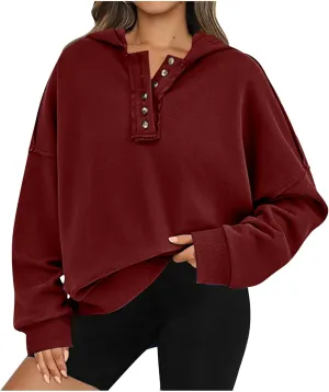 Womens Oversized Hoodies Trendy Loose Button v Neck Hooded Pullover Sweatshirt Fall Outfits 2024 Preppy Clothes
