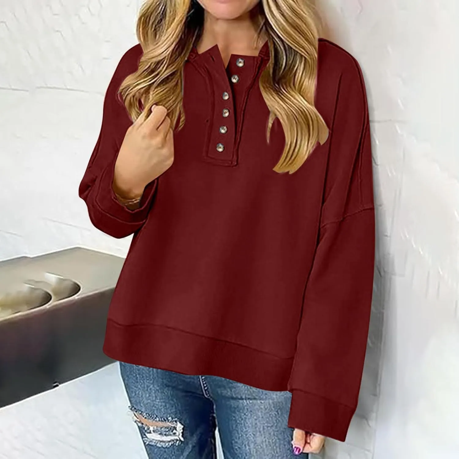 Womens Oversized Hoodies Trendy Loose Button v Neck Hooded Pullover Sweatshirt Fall Outfits 2024 Preppy Clothes