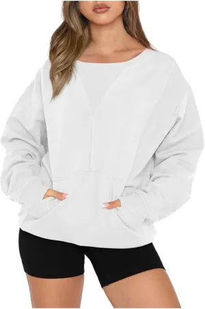 Womens Oversized Long Sleeves Casual Shirts Solid Crewneck Pokets Sweatshirt Pullover Loose Tunic Tops Y2K Clothes