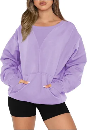 Womens Oversized Long Sleeves Casual Shirts Solid Crewneck Pokets Sweatshirt Pullover Loose Tunic Tops Y2K Clothes
