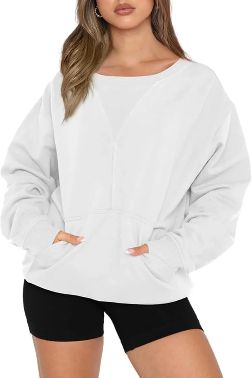 Womens Oversized Long Sleeves Casual Shirts Solid Crewneck Pokets Sweatshirt Pullover Loose Tunic Tops Y2K Clothes