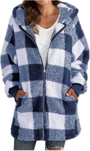 Women's Oversized Plaid Fleece Lined Hoodies Jacket Zip up Flannel Fuzzy Coats Casual Loose Outwear with Pockets