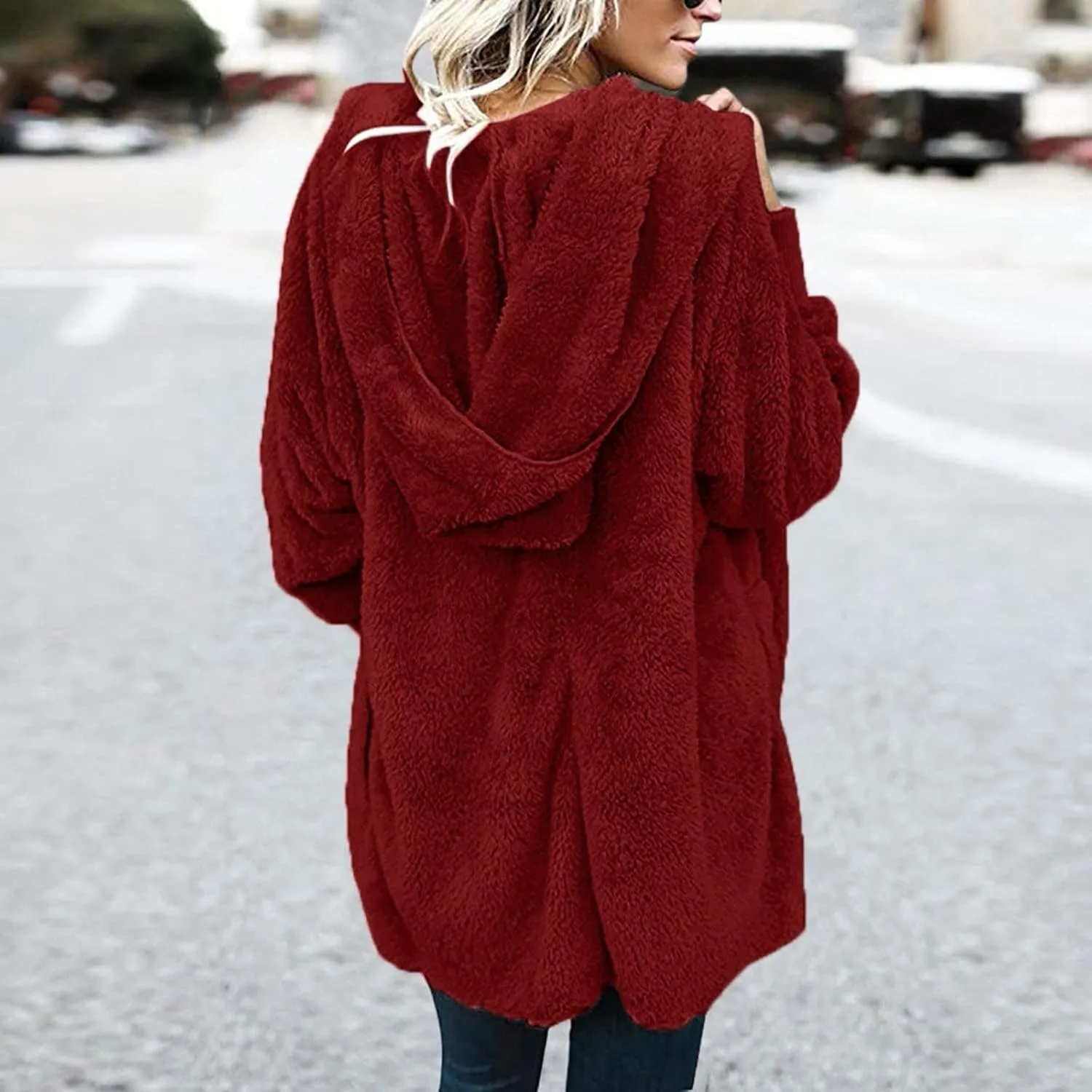 Womens Oversized Sherpa Jacket Baggy Fluffy Fuzzy Hoodie Jackets Comfy Plush Open Front Cardigan Outwear with Pockets