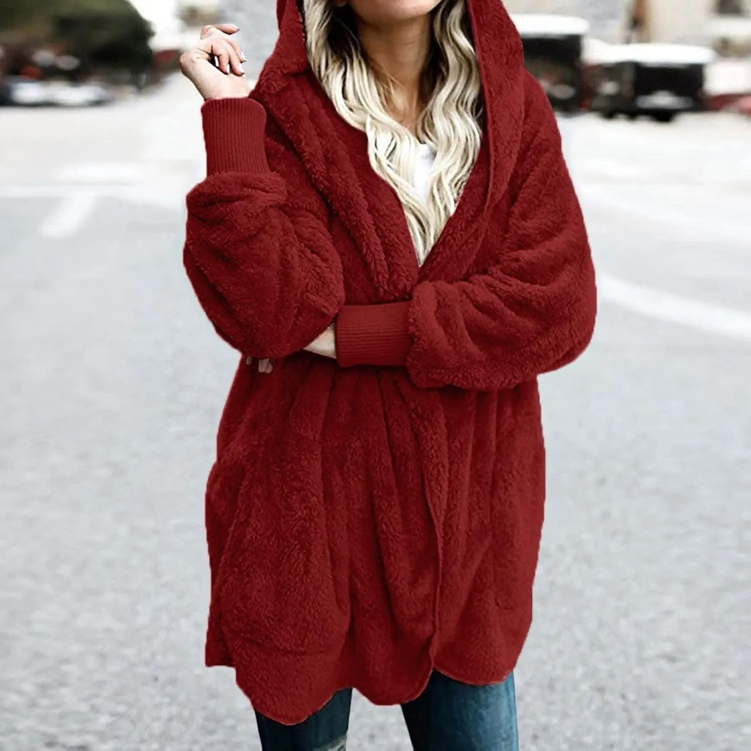 Womens Oversized Sherpa Jacket Baggy Fluffy Fuzzy Hoodie Jackets Comfy Plush Open Front Cardigan Outwear with Pockets