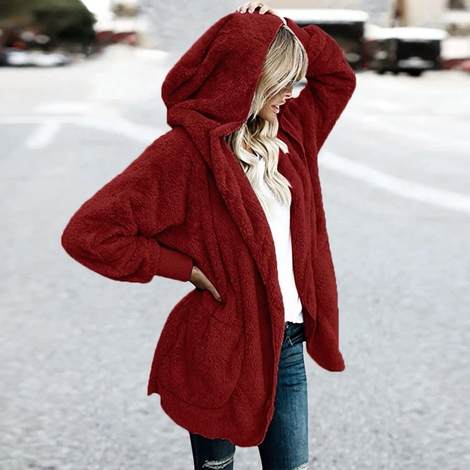 Womens Oversized Sherpa Jacket Baggy Fluffy Fuzzy Hoodie Jackets Comfy Plush Open Front Cardigan Outwear with Pockets