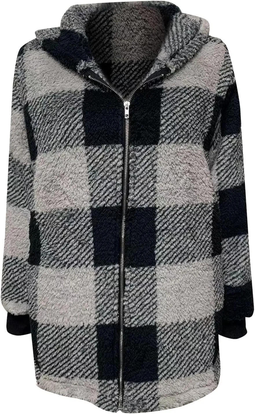 Women's Plaid Lined Hooded Jacket With Pocket Zip Up Oversized Fuzzy Coat Checkered Flannel Hoodie Thick Plush Outerwear
