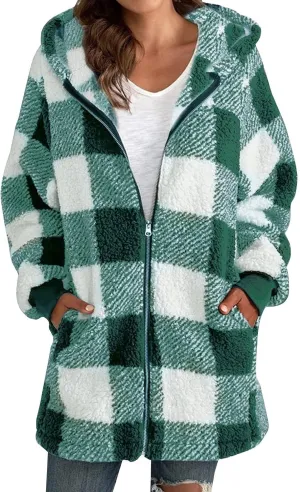 Women's Plaid Lined Hooded Jacket With Pocket Zip Up Oversized Fuzzy Coat Checkered Flannel Hoodie Thick Plush Outerwear