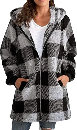 Women's Plaid Lined Hooded Jacket With Pocket Zip Up Oversized Fuzzy Coat Checkered Flannel Hoodie Thick Plush Outerwear