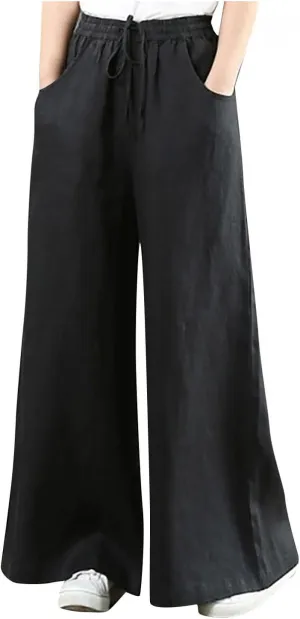 Womens Plus Size High Waist Wide Leg Baggy Cotton Linen Yoga Pants Casual Loose Lounge Palazzo Trousers with Pocket