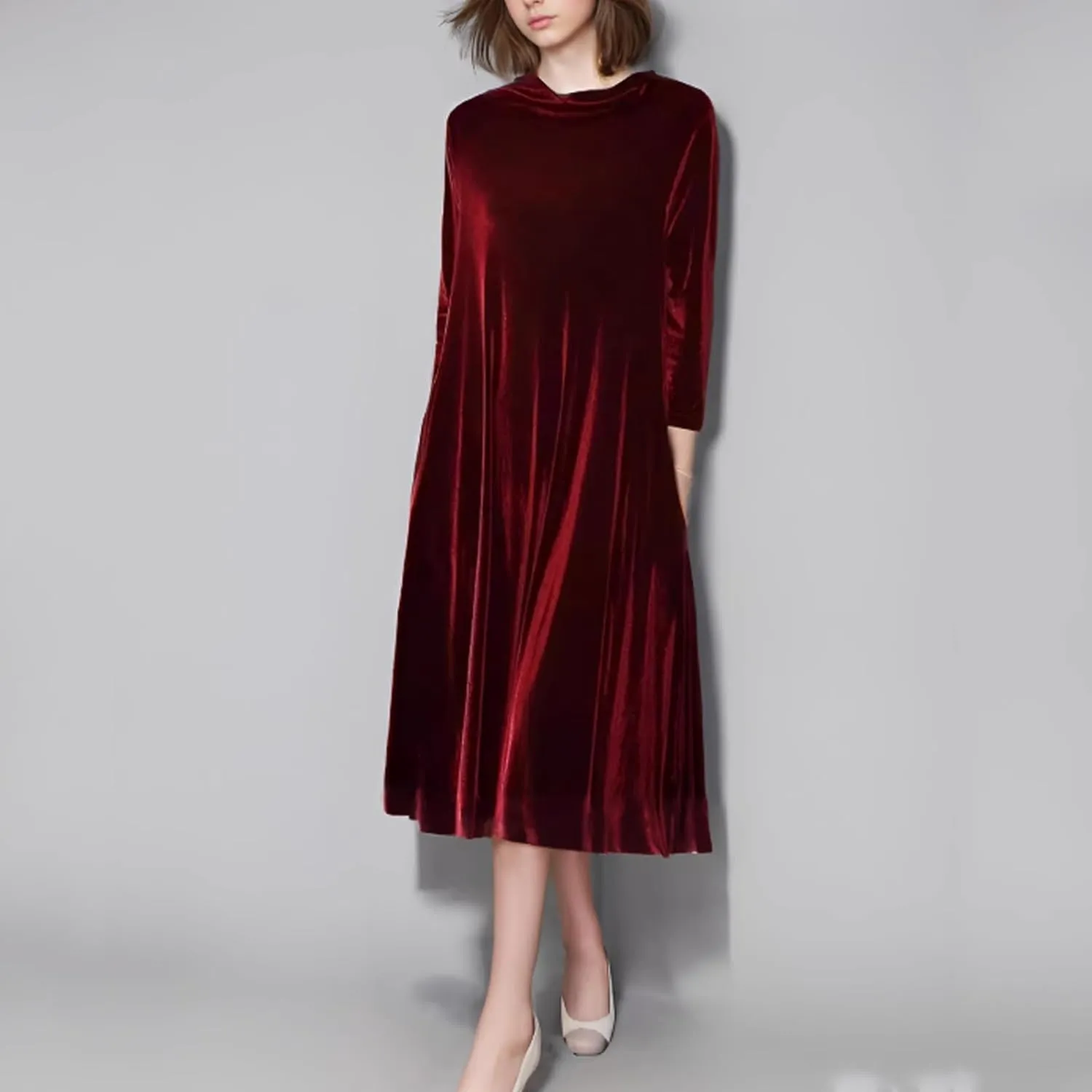 Womens Plus Size Velvet Dress Dressy Elegant Luxury Party Club Long Sleeve Round Neck Wedding Guest Midi Dresses