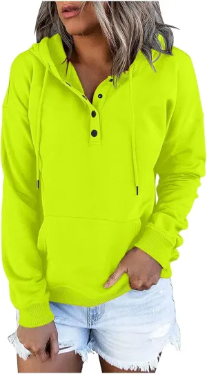 Women's Pullover Hoodies Tops Casual Button Down Long Sleeve Hooded Sweatshirts With Kangaroo Pocket Trendy 2023
